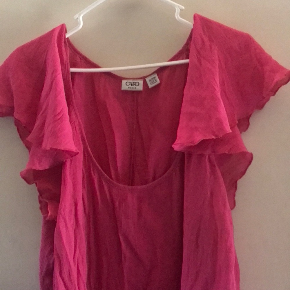Thin flowey…hot pink top with butterfly sleeves..very pretty…well worn but GUC